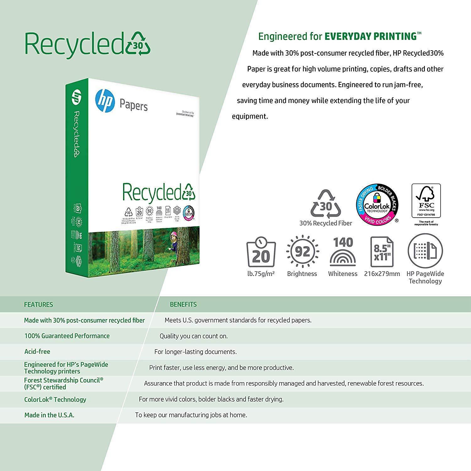 HP Printer Paper, Recycled 30% Paper, 8.5 x 11, Letter Size, 20lb, 92 Bright,  10 Ream Case / 5,000 Sheets (112100C) Acid Free Paper