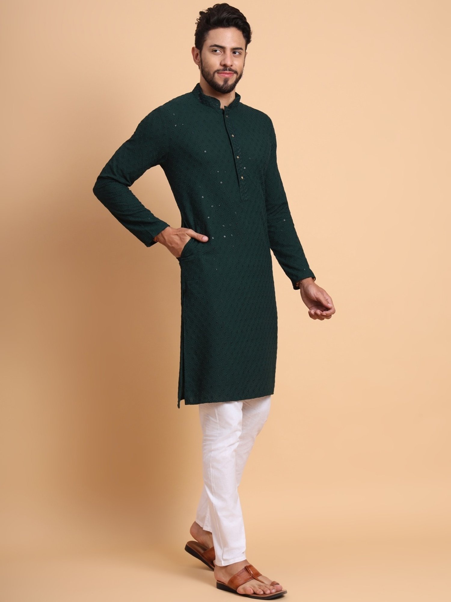 SWAGG INDIA Forest Green Regular Fit Embroidered Kurta