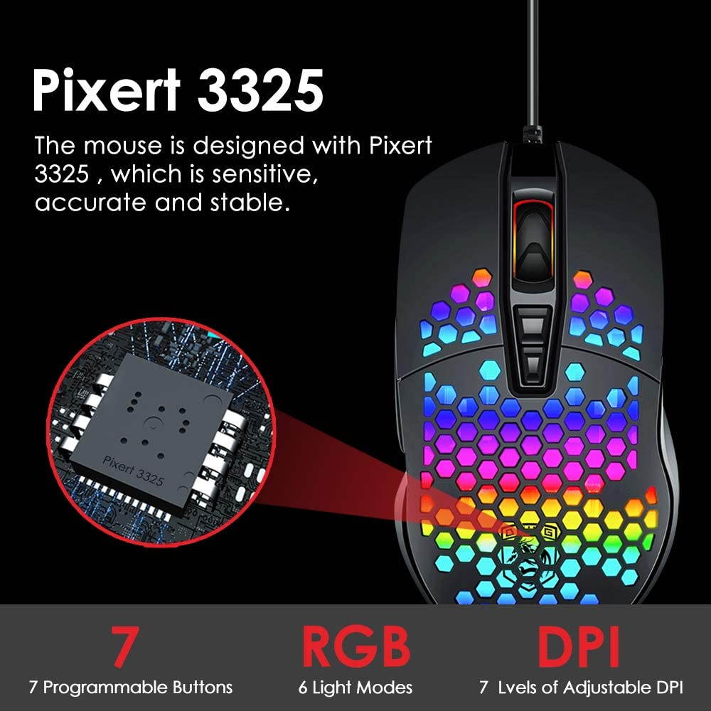 Ergonomic Lightweight Gaming Mouse Wired Honeycomb Hollow RGB Streamer 4000 DPI Programming Optical Sensor Pixert 3325 78G Gaming Mice for PC X-BOX PS4 Gamer