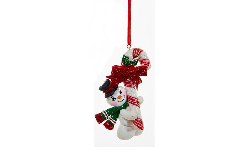 Kurt S. Adler 4" Peppermint Twist Snowman Holding Candy Cane with Bow Christmas Ornament