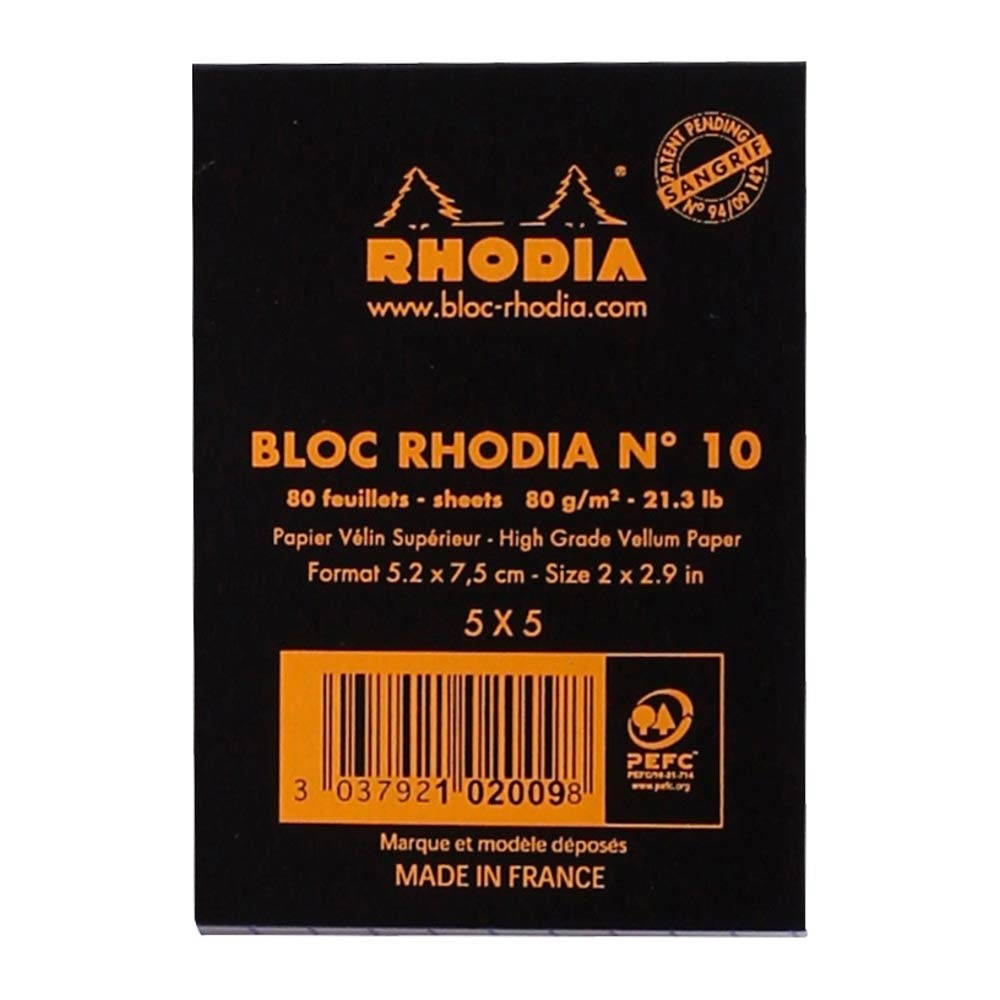 Rhodia Head Stapled Pad, No10 A8, Square ruling - Black