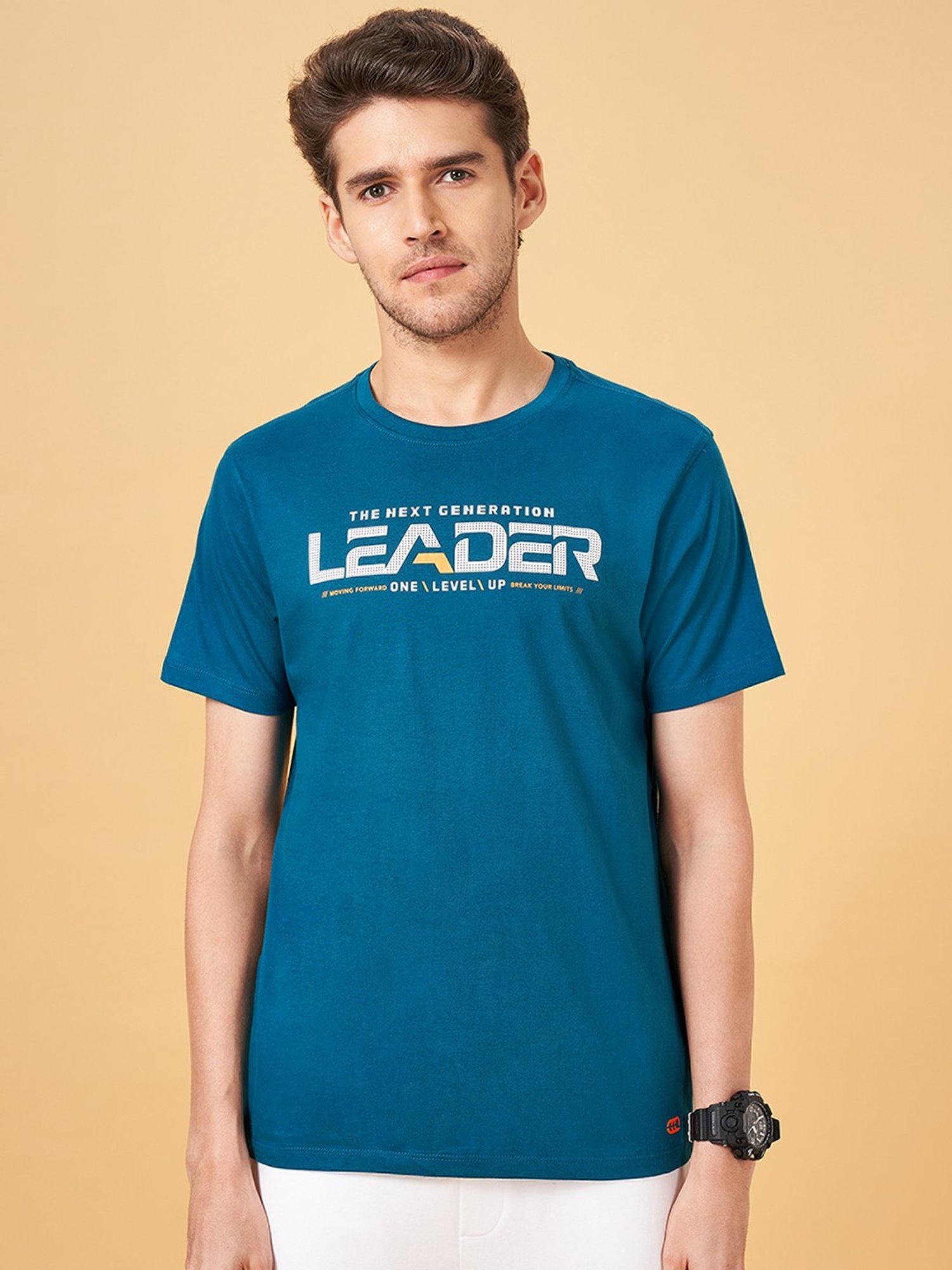 Ajile by Pantaloons Bottle Green Cotton Slim Fit Printed Sports T-Shirt