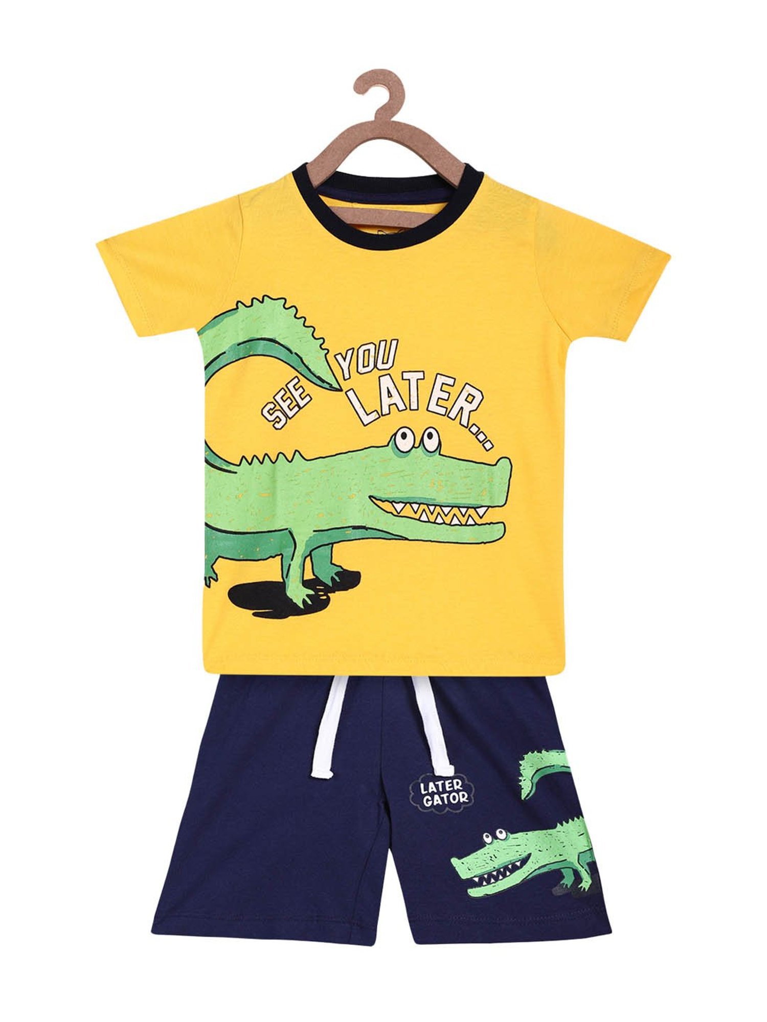 Lazy Shark Kids Yellow & Navy Printed  T-Shirt with  Shorts