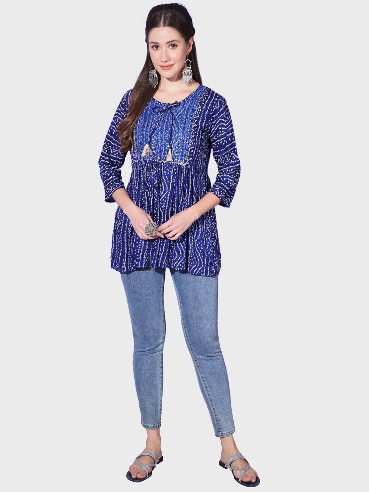 BUYNEWTREND Blue Cotton Printed A Line Short Kurti
