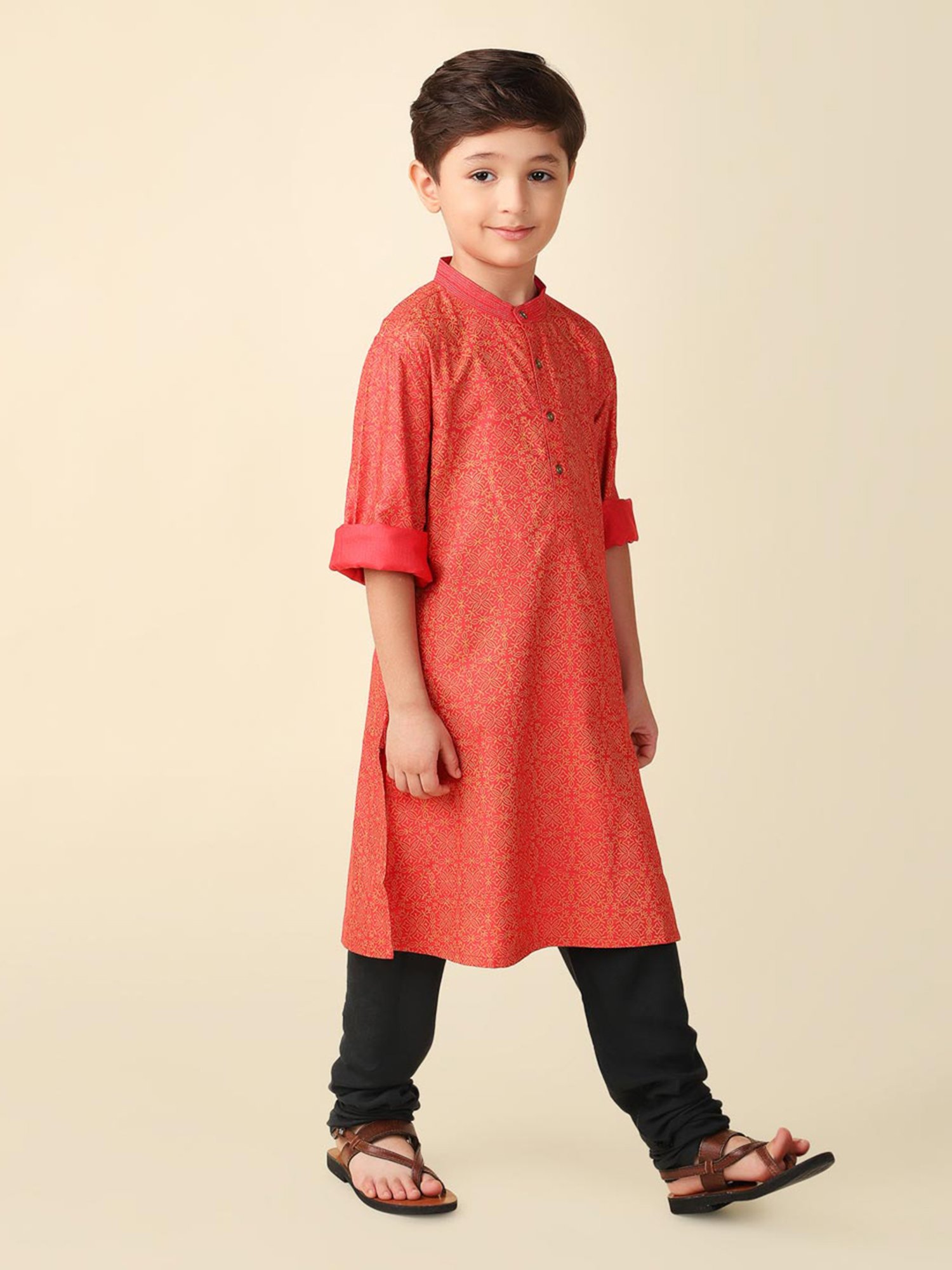Fabindia Kids Red Printed Full Sleeves Kurta