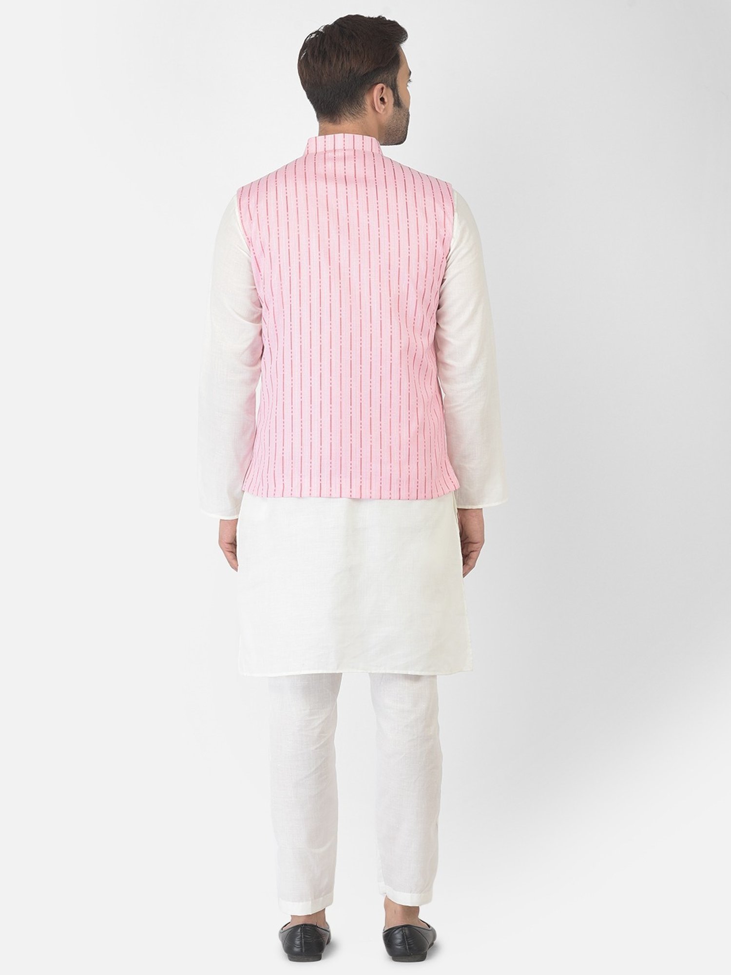 Deyann White & Pink Cotton Regular Fit Striped Kurta Set With Jacket