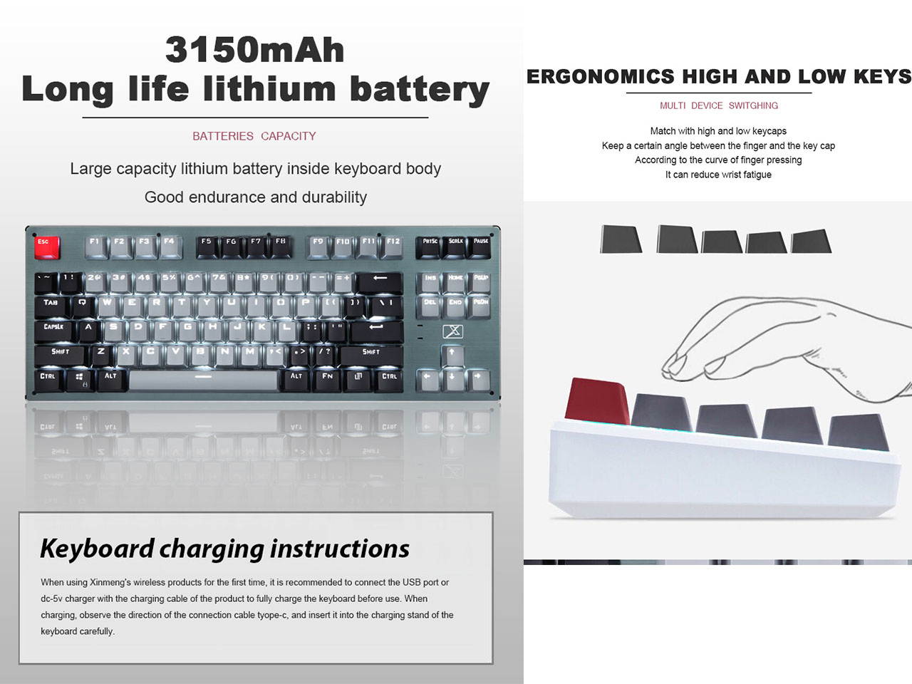 HSCCGI Mechanical Bluetooth 3.0 Wired/Wireless 87 Keys Multi-Device LED Backlit Gaming/Office Keyboard for iOS, Android, Windows and Mac with Rechargeable Battery, Blue Switch - GrayBlack