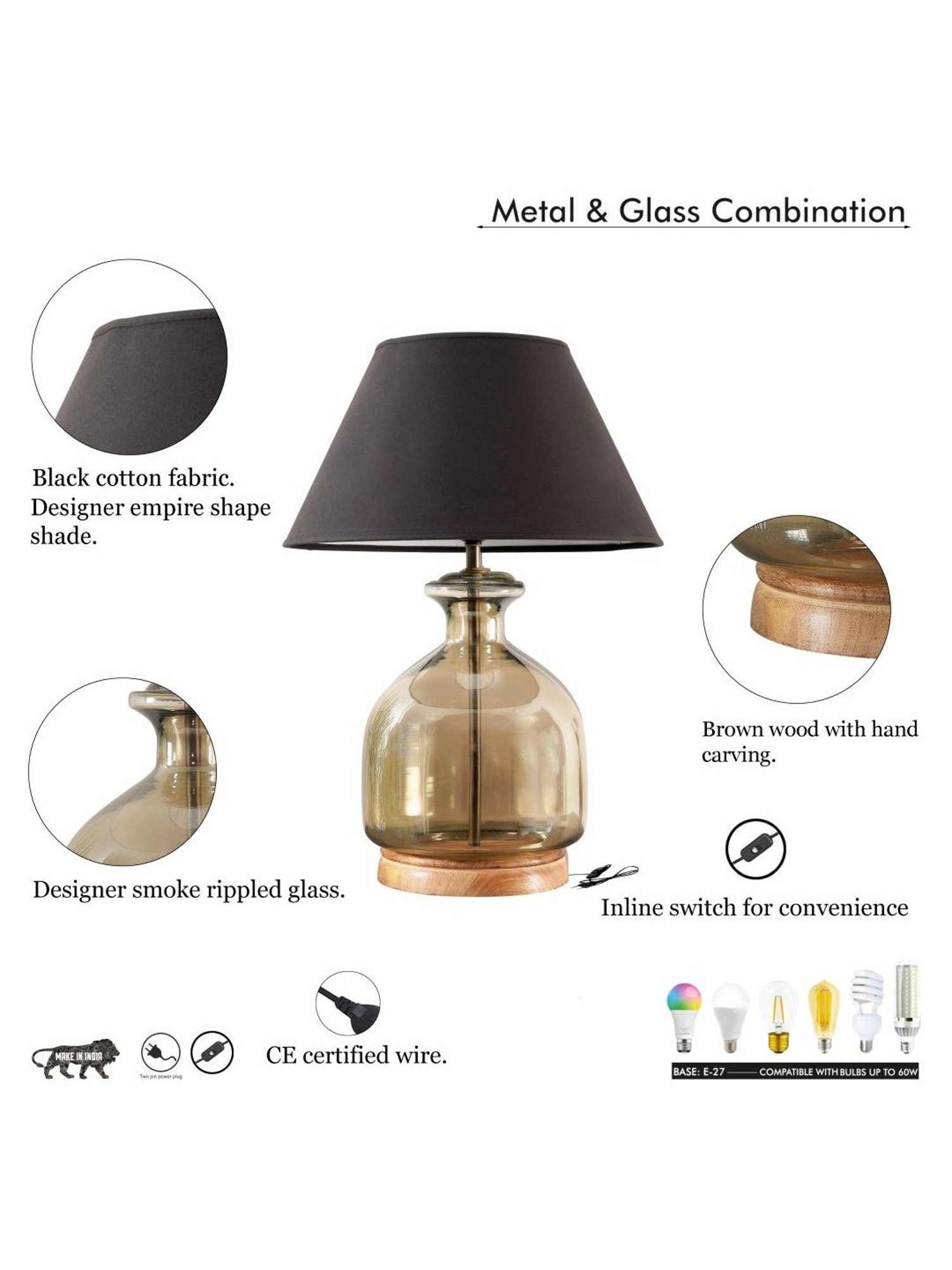 Kapoor Lamp Shades Smoke & Black Glass Alper Luster Table Lamp