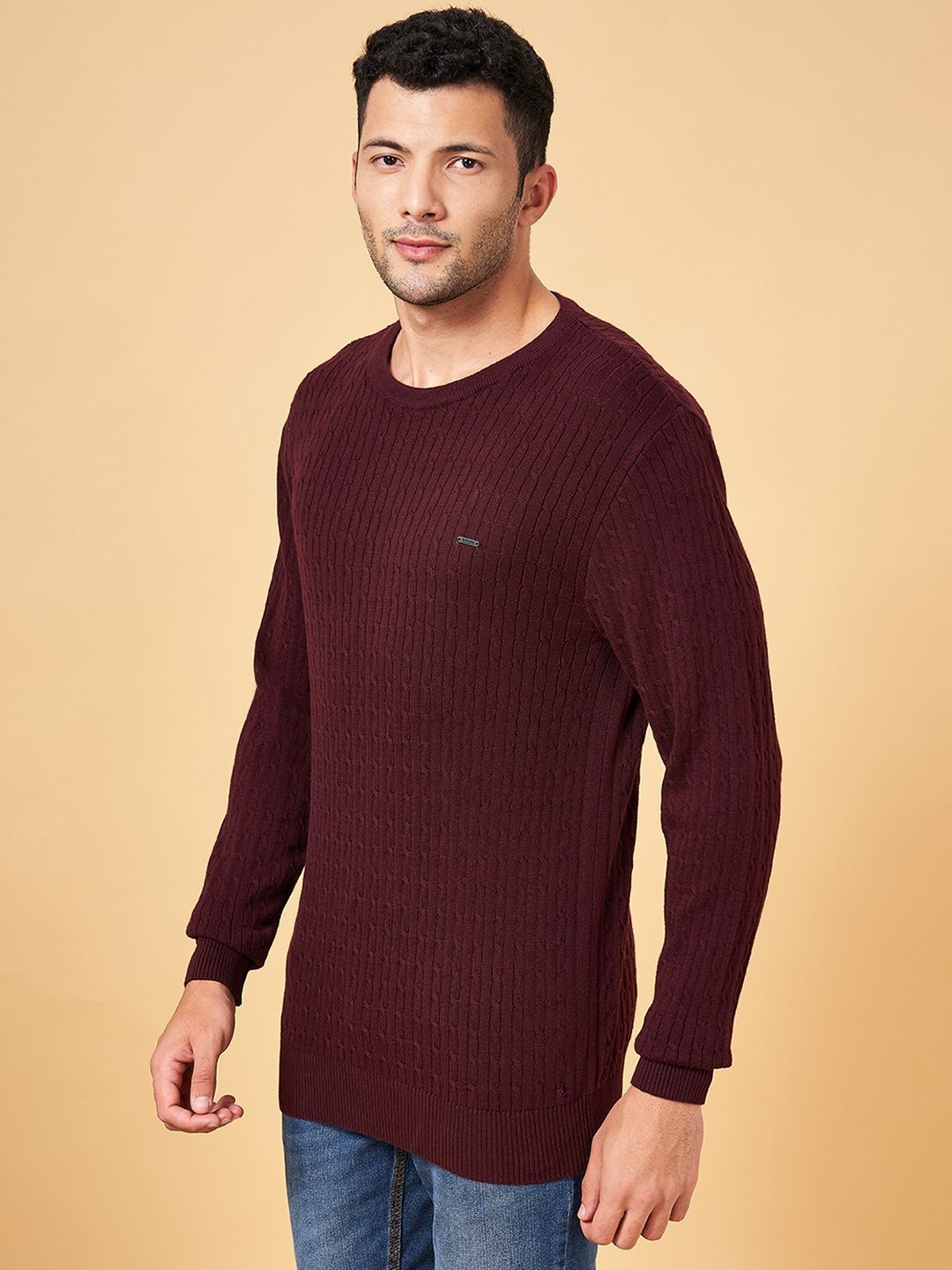 Byford by Pantaloons Maroon Cotton Slim Fit Self Pattern Sweater