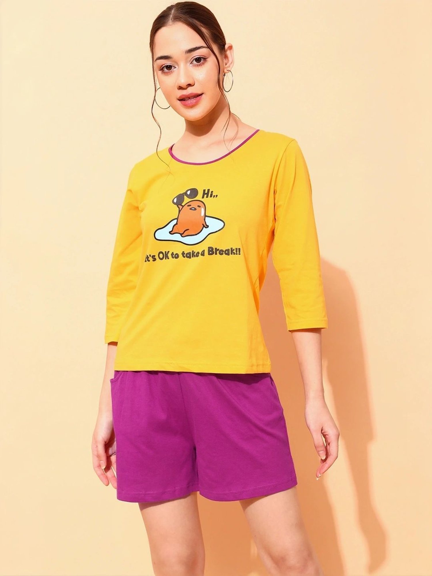 Clovia Yellow & Purple Printed Top With Shorts