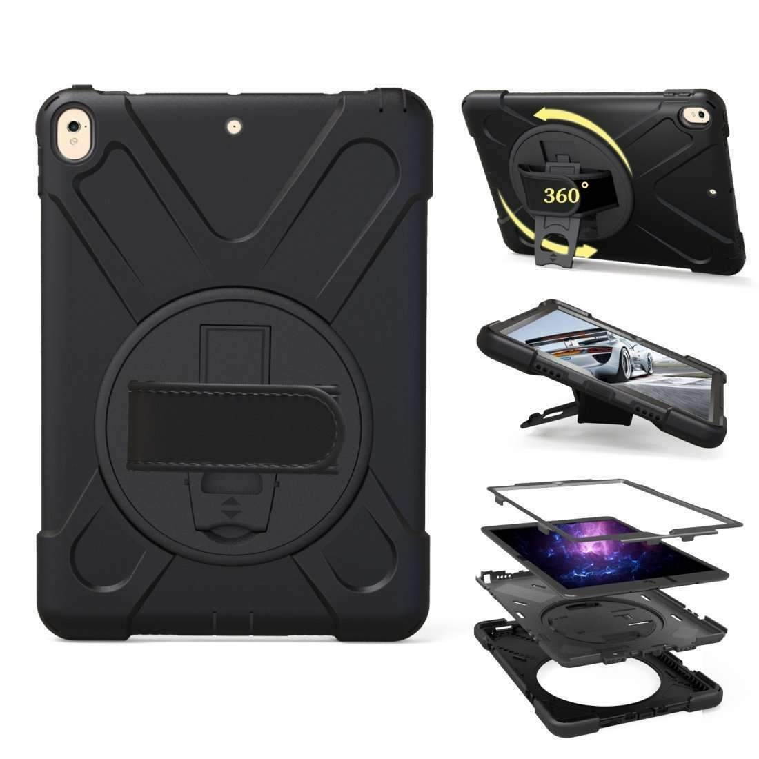 For iPad Pro 10.5 Inch Shockproof PC + Silicone Case with Holder & Strap - Black