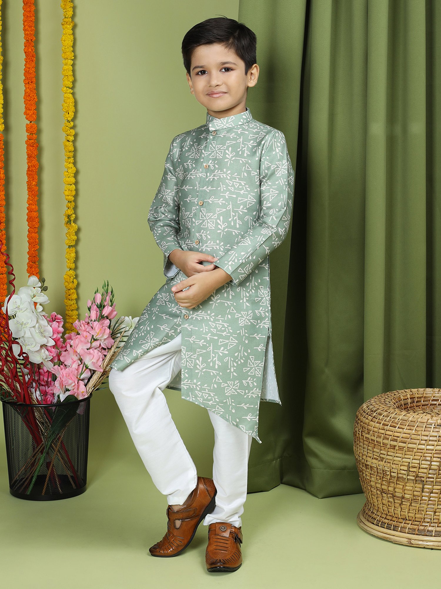 TABARD Kids Sage Green Printed Full Sleeves Kurta
