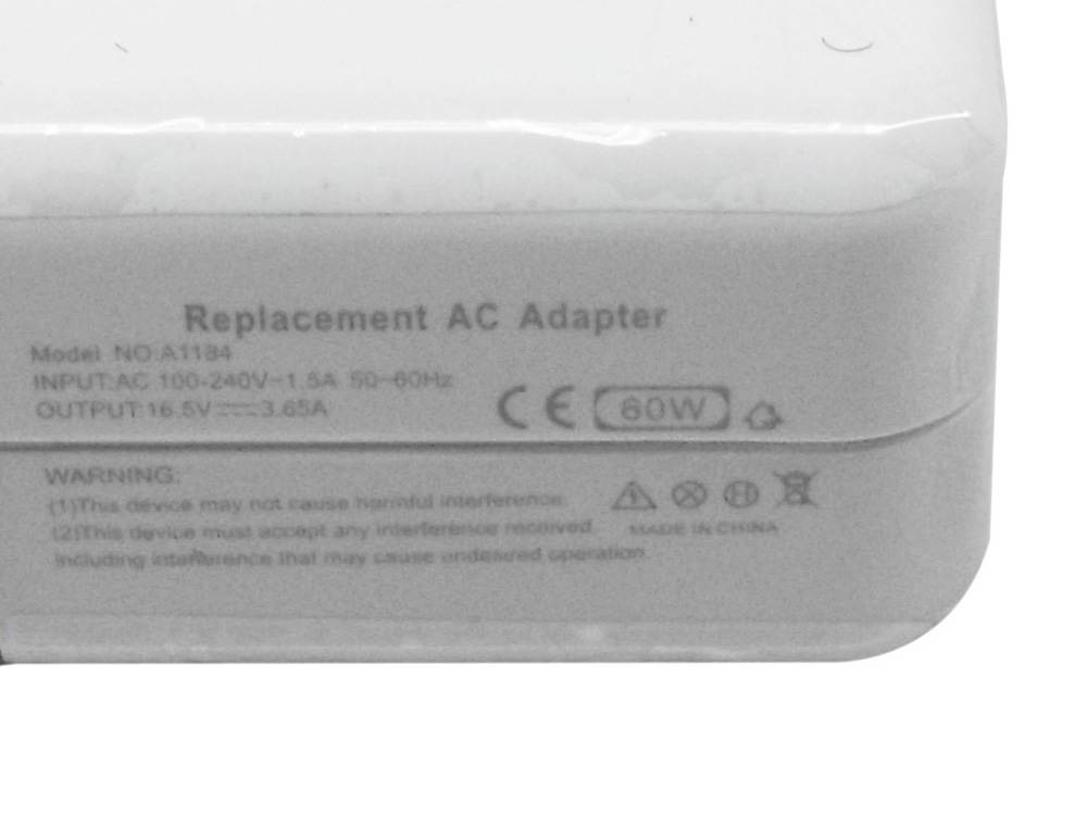 Home/Travel Wall Charger 60W (16.5V-3.65A) for Apple MacBook Pro 13-inch MC461LL/A A1184 A1330 A1344 16.5V 3.65A Replacement MagSafe 1 Power Supply