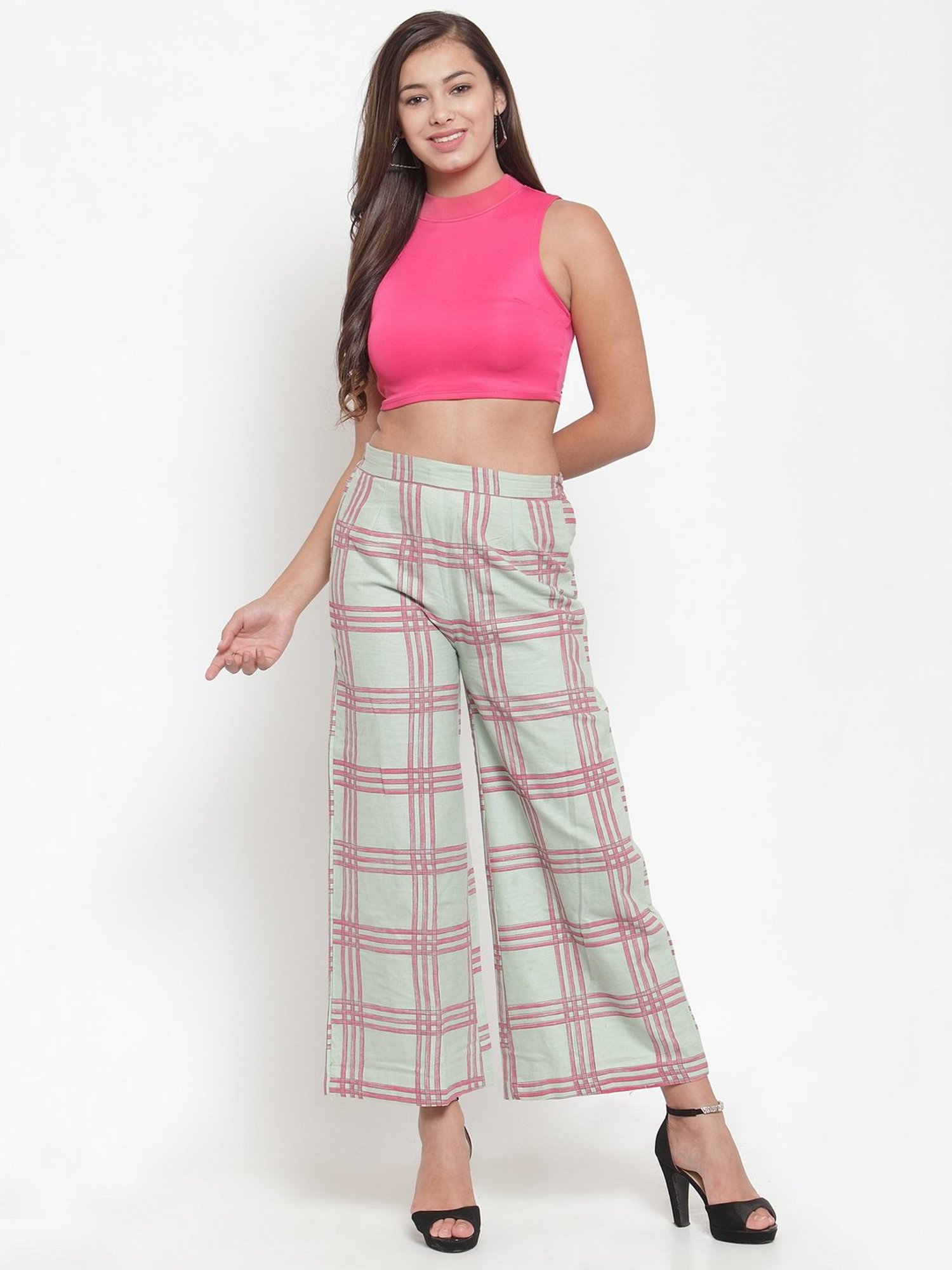 Indibelle Pista Green Cotton Chequered Palazzos