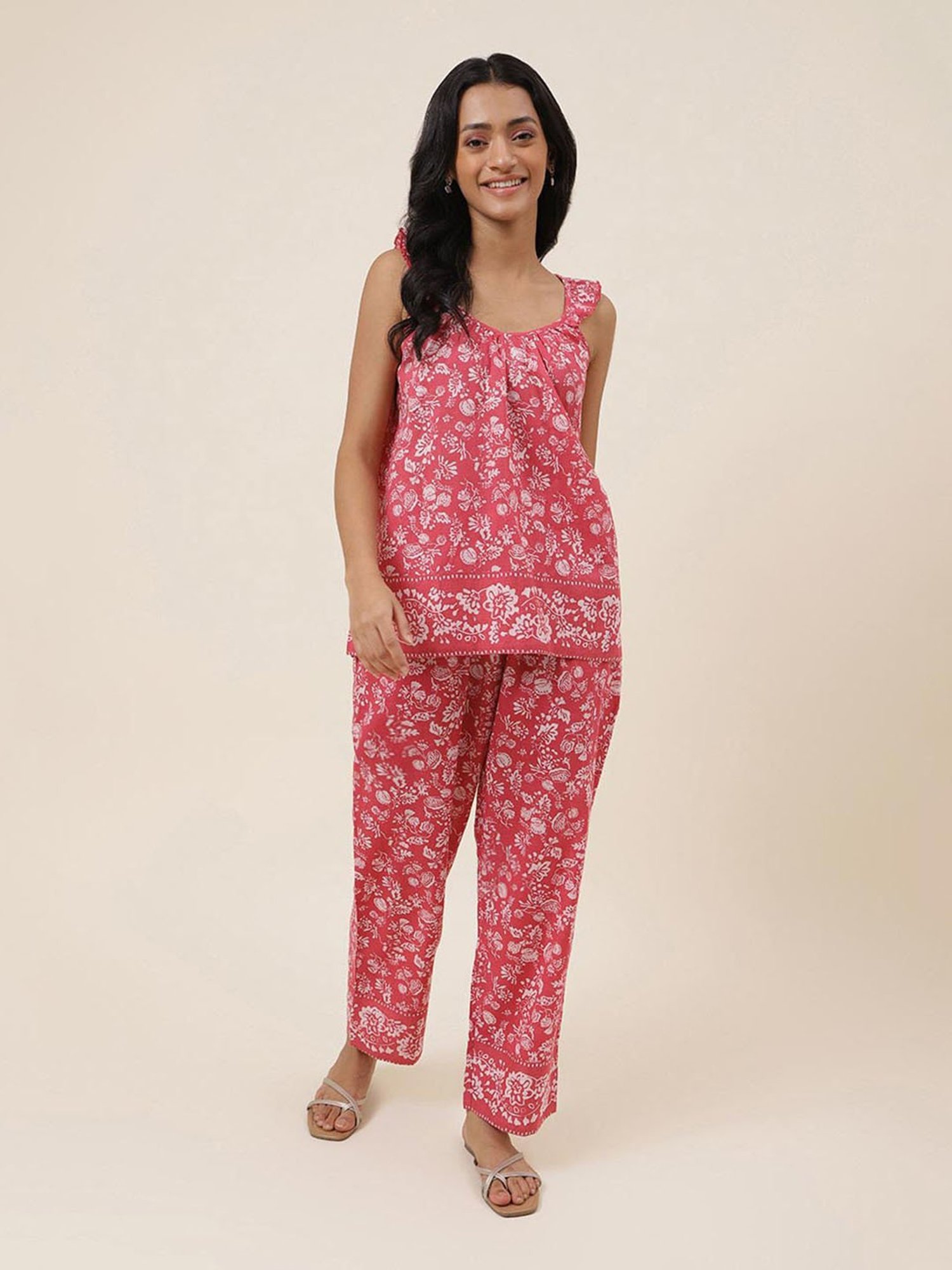 Fabindia Pink Cotton Printed Top With Pants