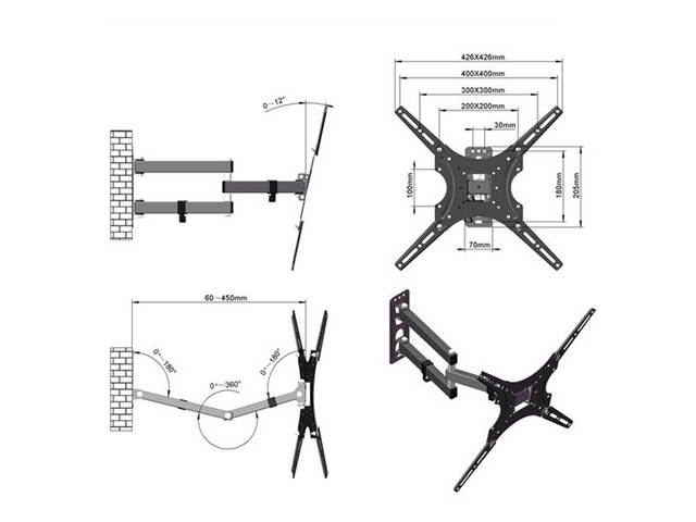 26-55" Adjustable Wall Mount Bracket Rotatable TV Stand with Spirit Level  Load Bearing 30kg / Maximum Vesa400 * 400 / Up and Down Adjustable - 5 ~ + 12 &deg; with Rotation 180 &deg;,TM08