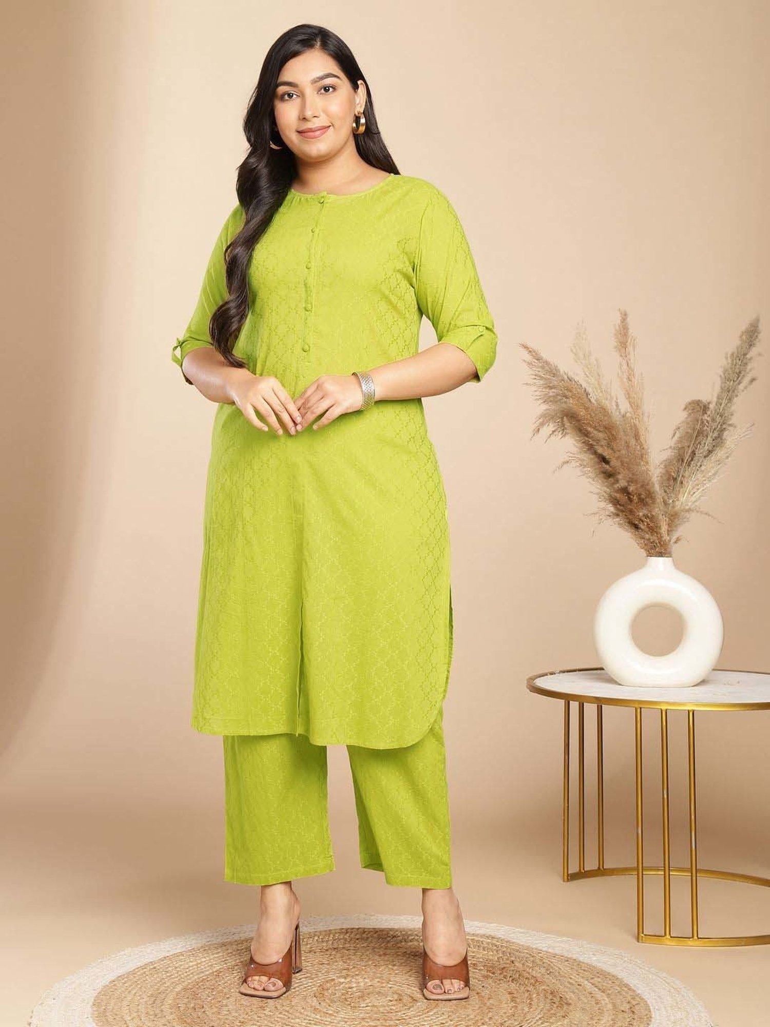 Janasya Lime Green Cotton Self Co-Ord Set