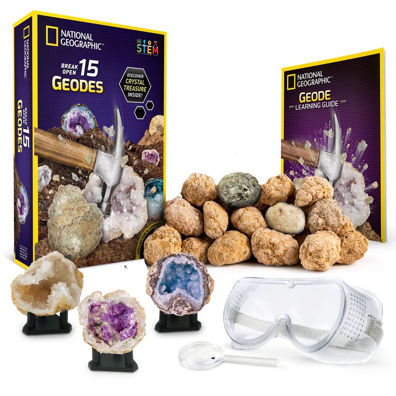 NATIONAL GEOGRAPHIC Break Open 15 Premium Geodes, Includes Goggles, Detailed Learning Guide, 3 Display Stands, STEM Science Toy & Educational Gift