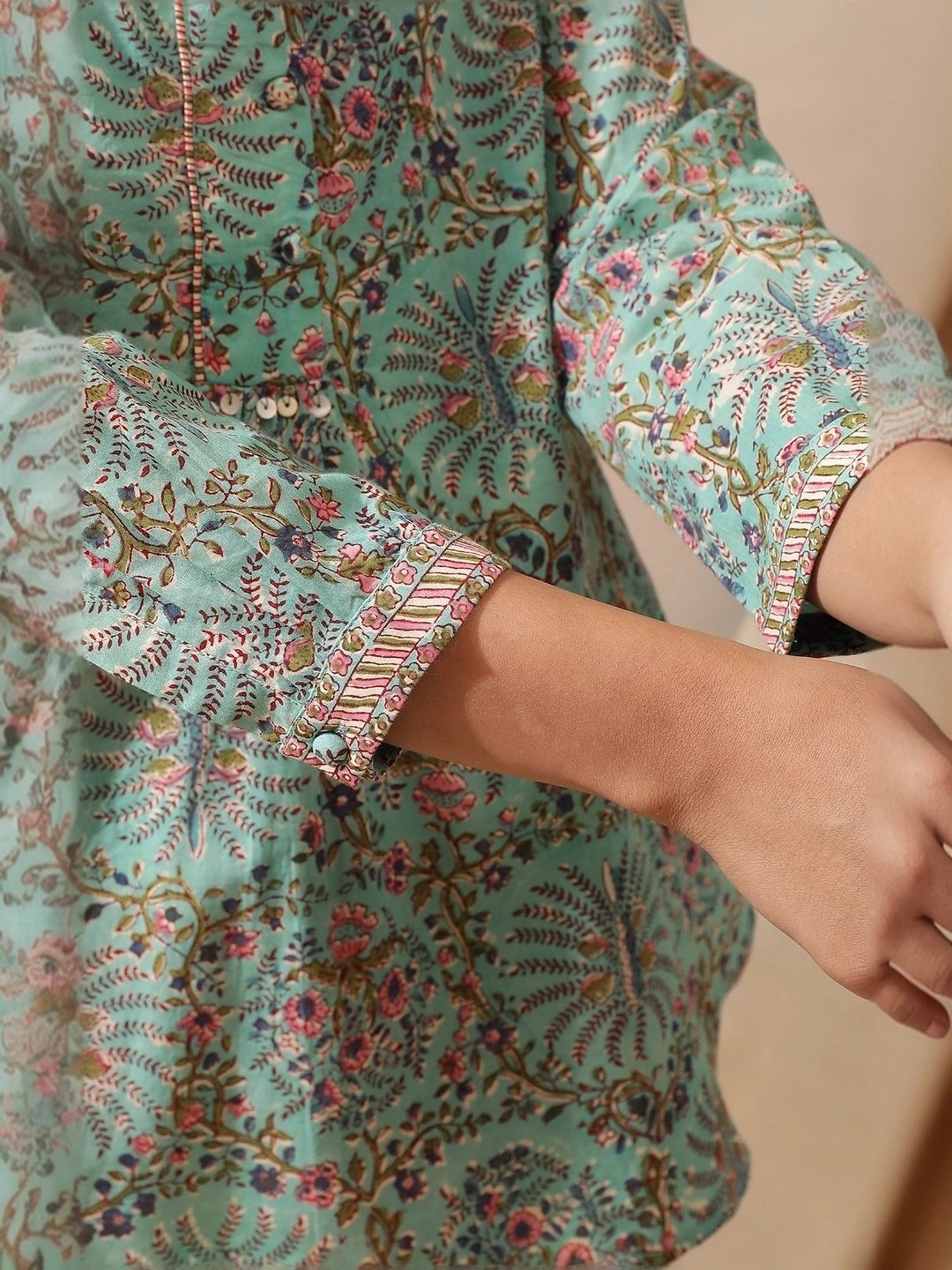 Folksong by W Mist Green Cotton Printed Top