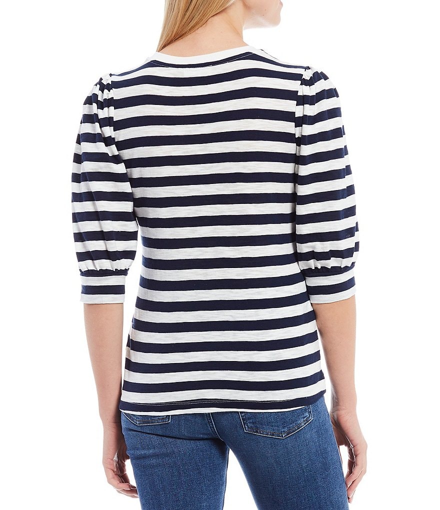 A Loves A Banded Puff Sleeve Knit Striped Tee