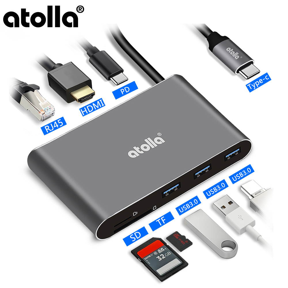Atolla 8-in-1 USB C HDMI Hub and Ethernet- USB C hub Type C Hub- LAN port | 3 * USB3.0 port | 4K HDMI output | PD| SD card / Micro SD card reader