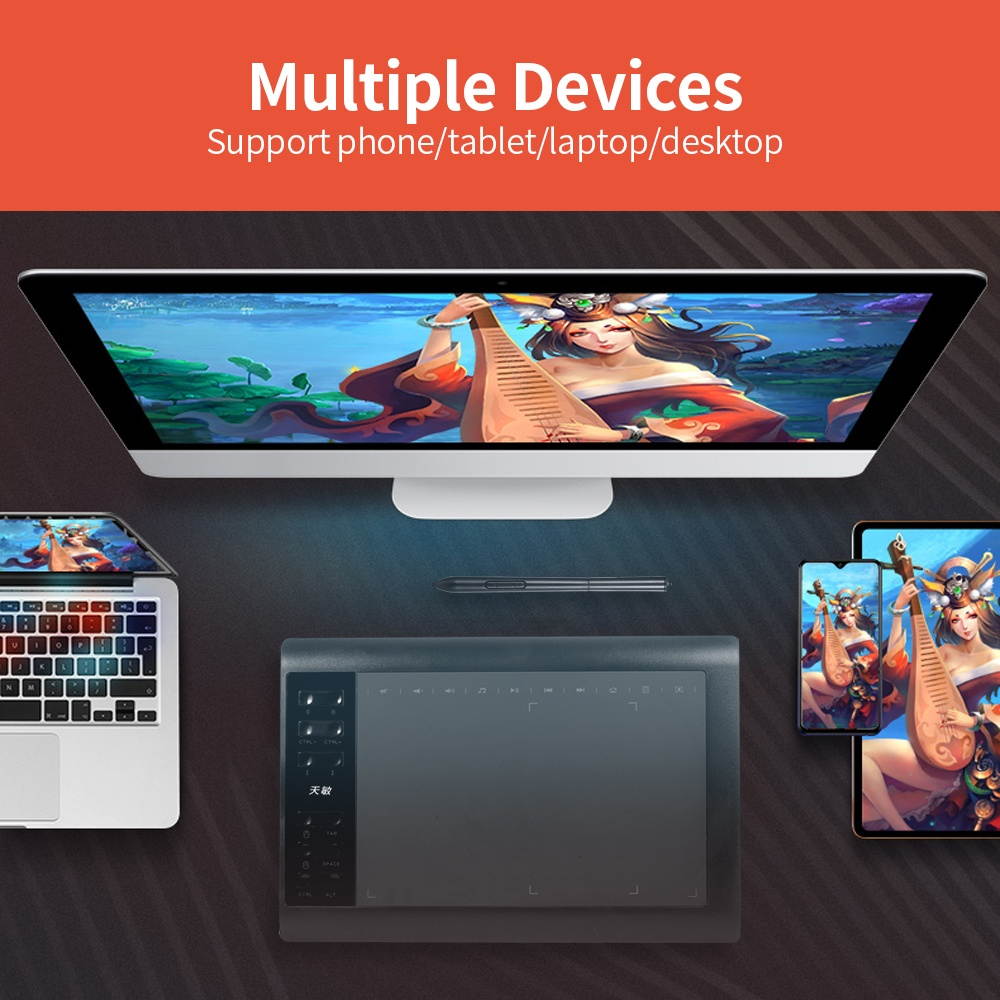 10moons 1060 Plus Graphic Tablet 10*6-inch Large Board Exclusive Phone Painting Area with 8192 Levels Pressure Passive Pen 5080 LPI