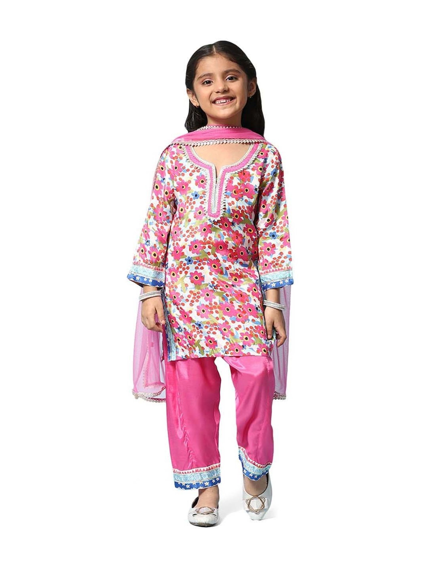 BIBA Girls Pink Floral Print Full Sleeves Kurta Set