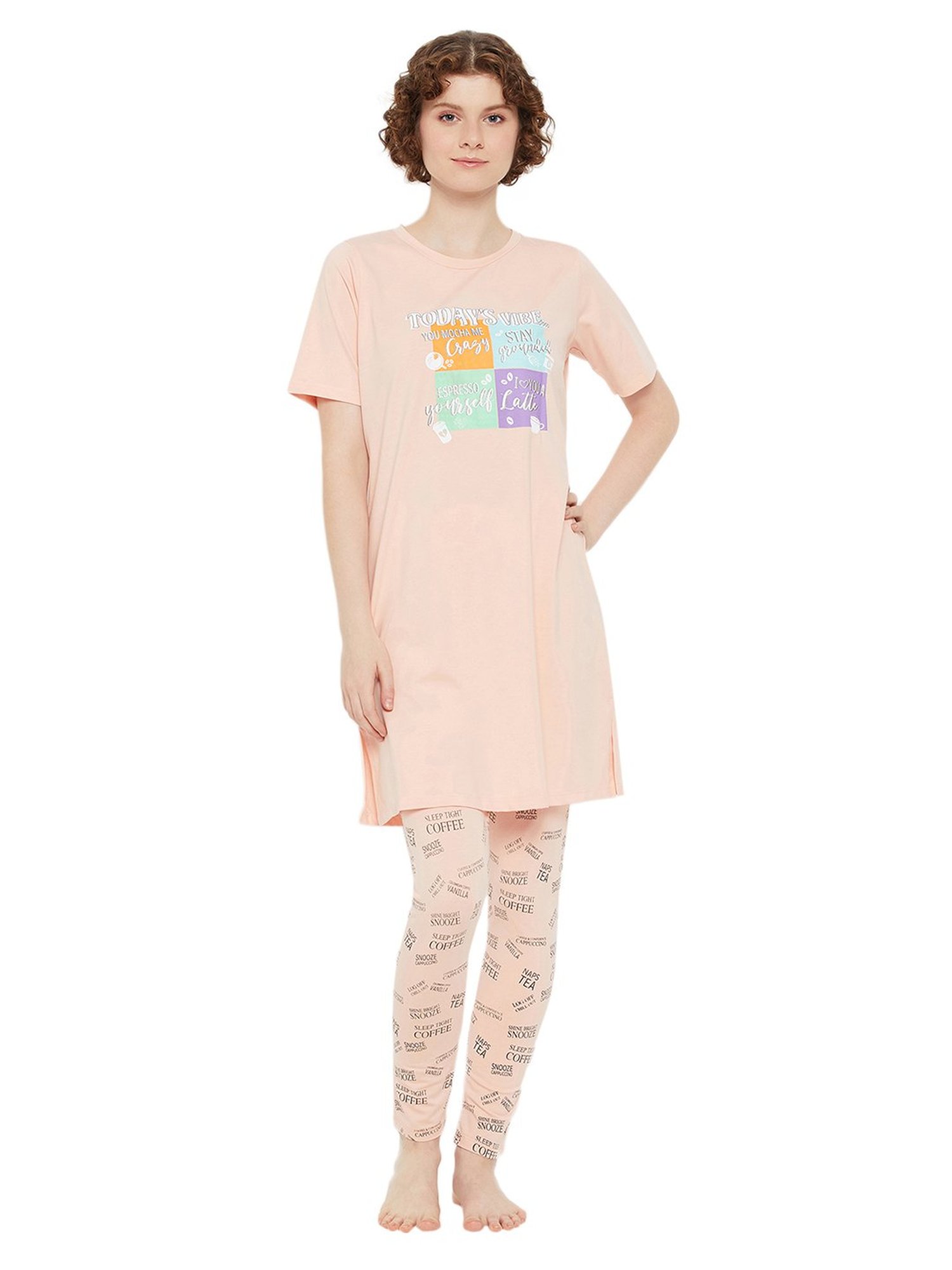 MADAME M Secret Peach Graphic Print Long T-Shirt With Pyjamas
