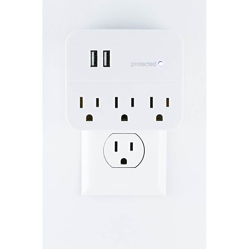 Sur Protector Wall Tap Charging Station 3 Outlets 2 USB Charr Ports 3 Prong Power Outlet Extender Blue LED Protected Indicator Light 560 Joules Warranty UL Listed White 14512