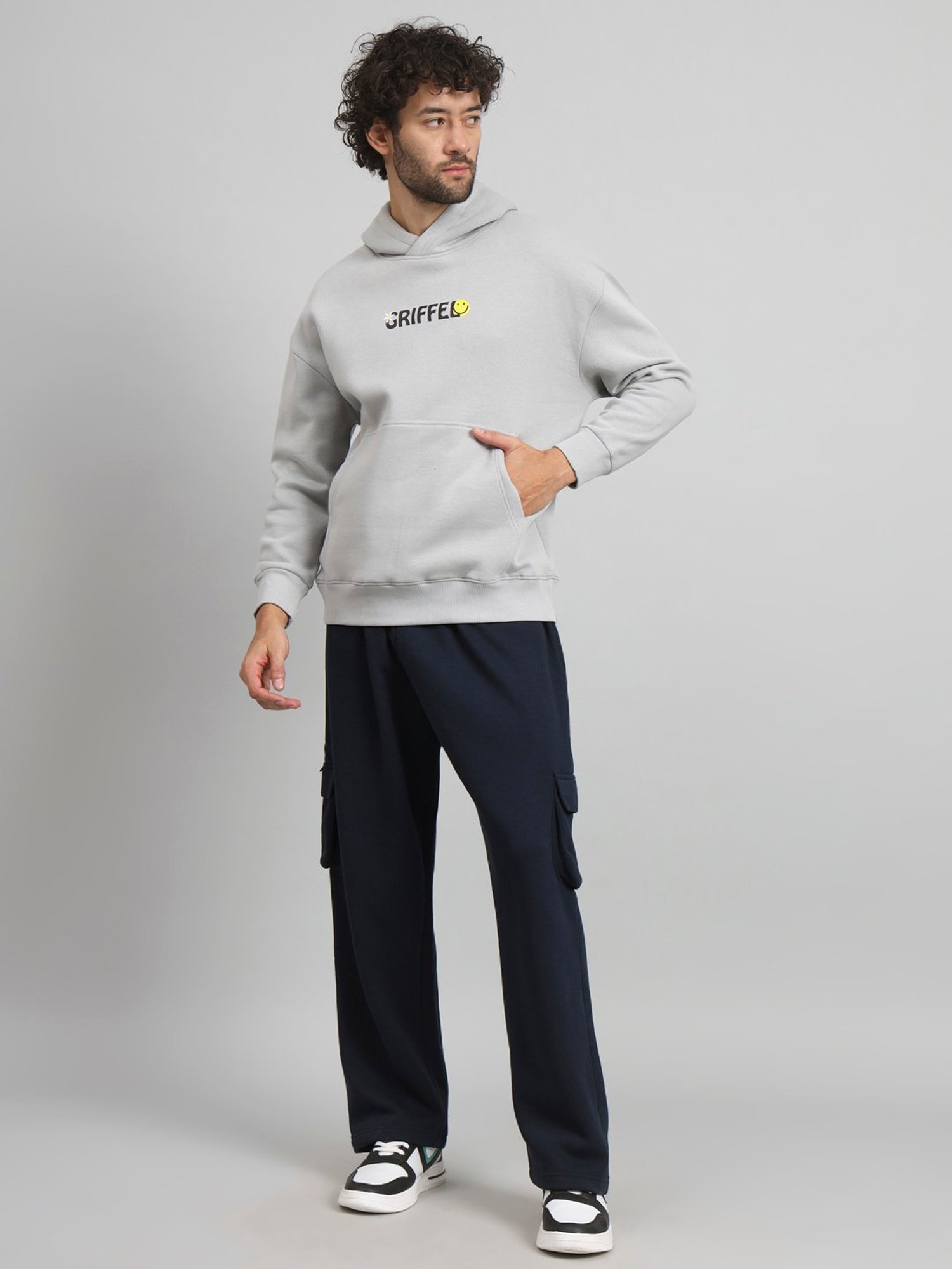 GRIFFEL Steel Grey & Navy Loose Fit Printed Oversized Hooded Sweatshirt & Trackpants Set
