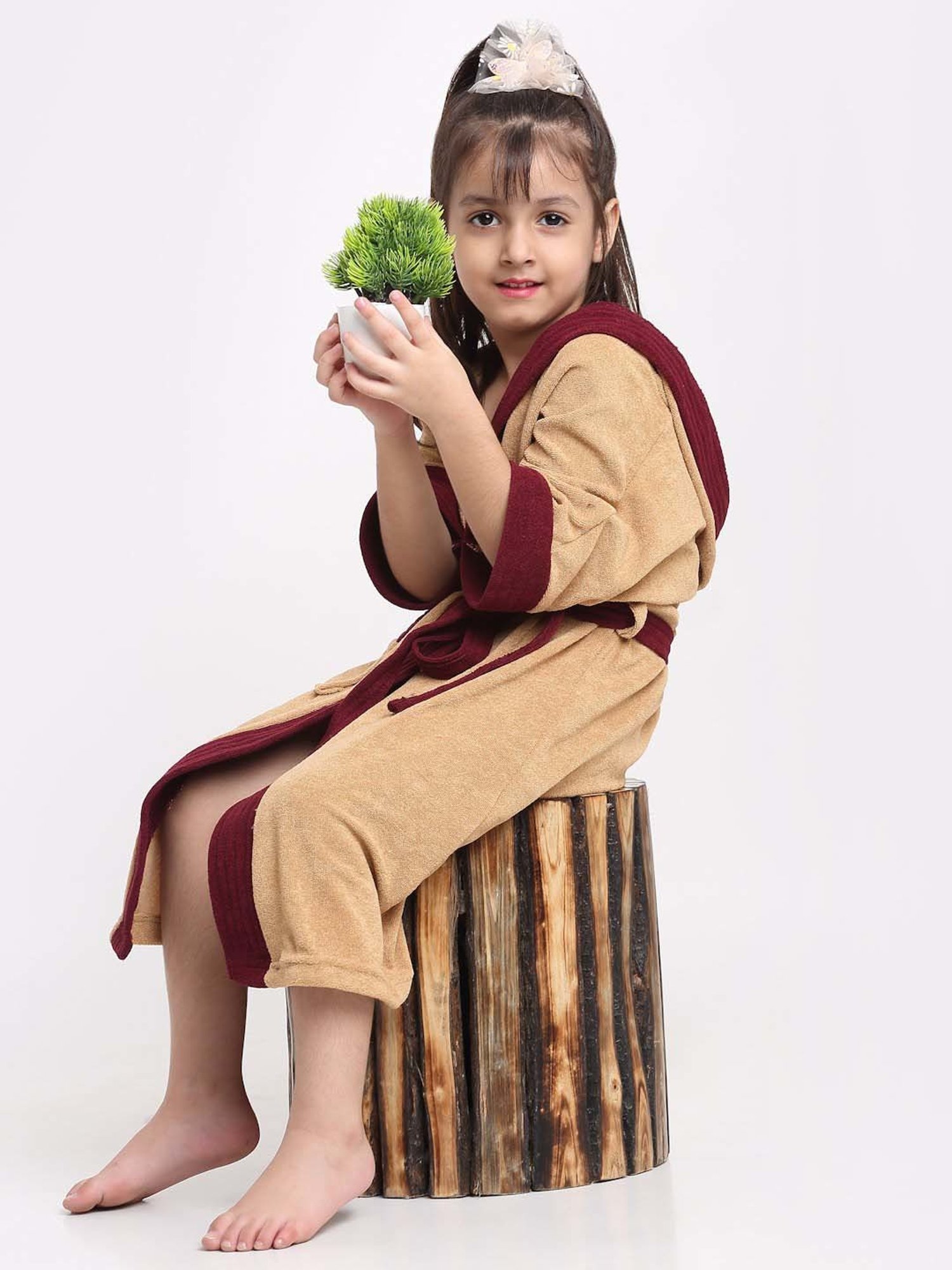 Creeva Melodious Camel & Wine Micro Terry 225 GSM Kids Hooded Bathrobe 14-15 Years With Pocket