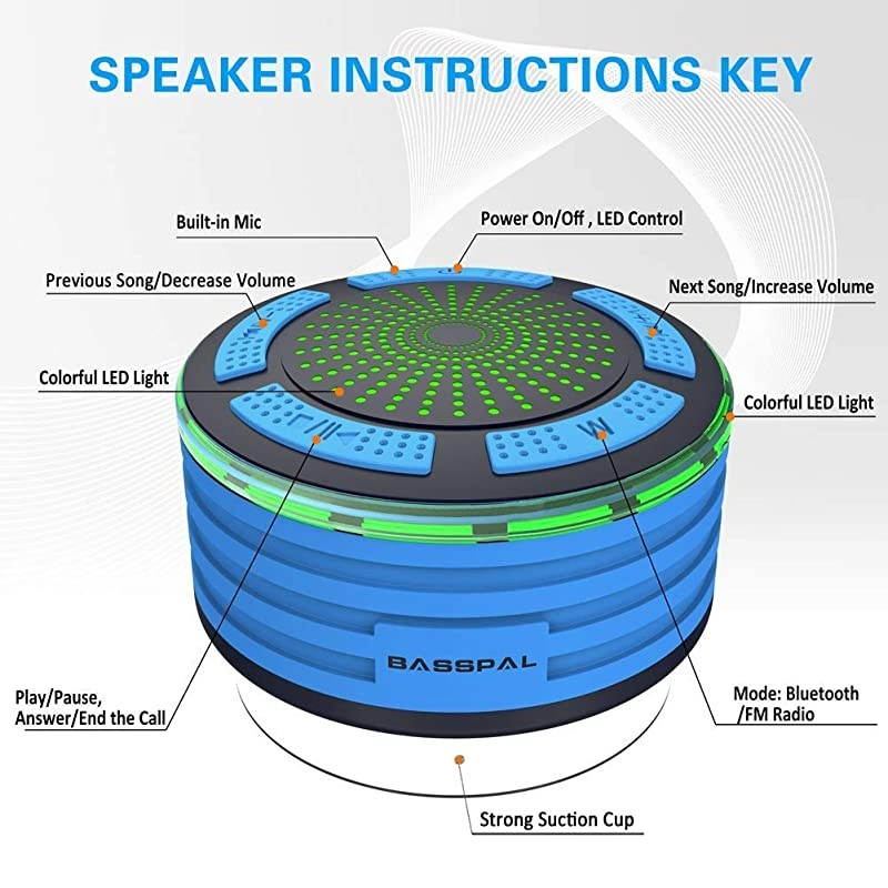 Shower Speaker Waterpoof IPX7, Portable Wireless Bluetooth Speakers with Radio, Suction Cup & LED Mood Lights, Super Bass HD Sound Perfect Pool, Beach, Bathroom, Boat, Outdoors (01.Blue)