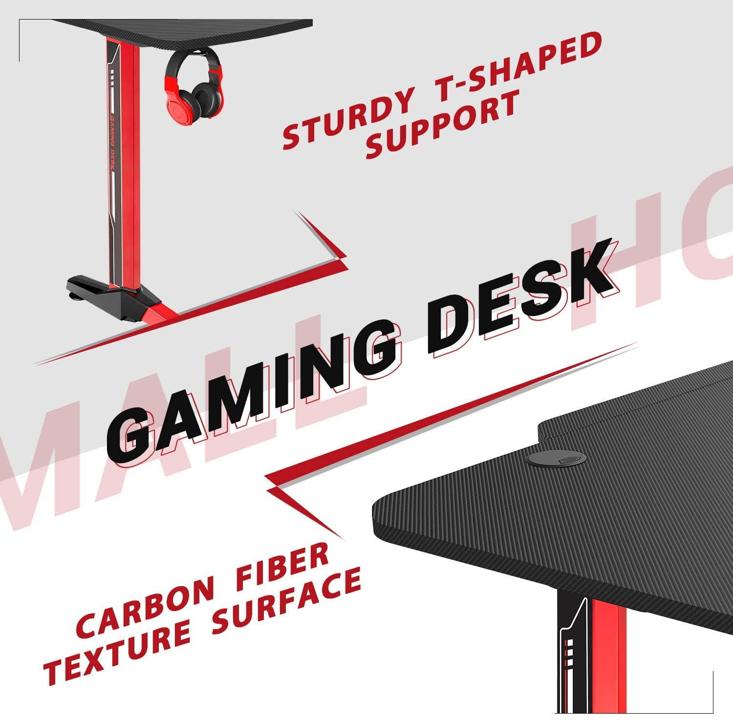 Homall 55 Inch Ergonomic Gaming Desk PC Computer Desk Home Office Table T-shaped Frame Table for Pressional Game Lover with Free Mouse Pad, Headphone Hook, Game Handle Rack and Cup Holder (Red)