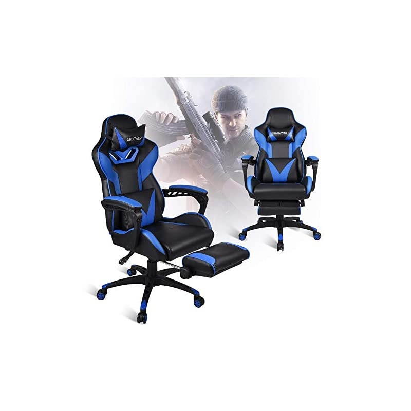 Ergonomic Swivel Video Game Chairs High-Back Office Chair w/PU Leather and Adjustable Armrests Blue