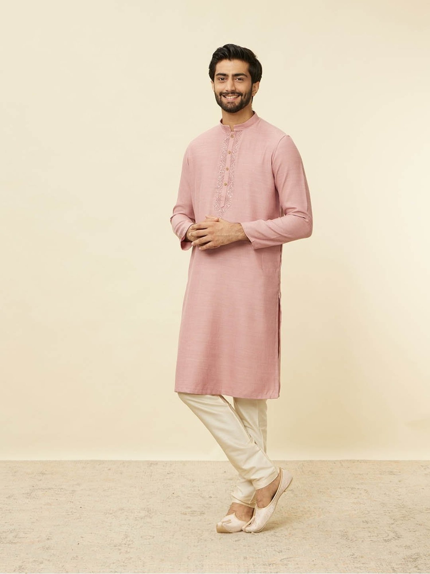 Manyavar Pink & Beige Regular Fit Self Pattern Kurta Bottom Set