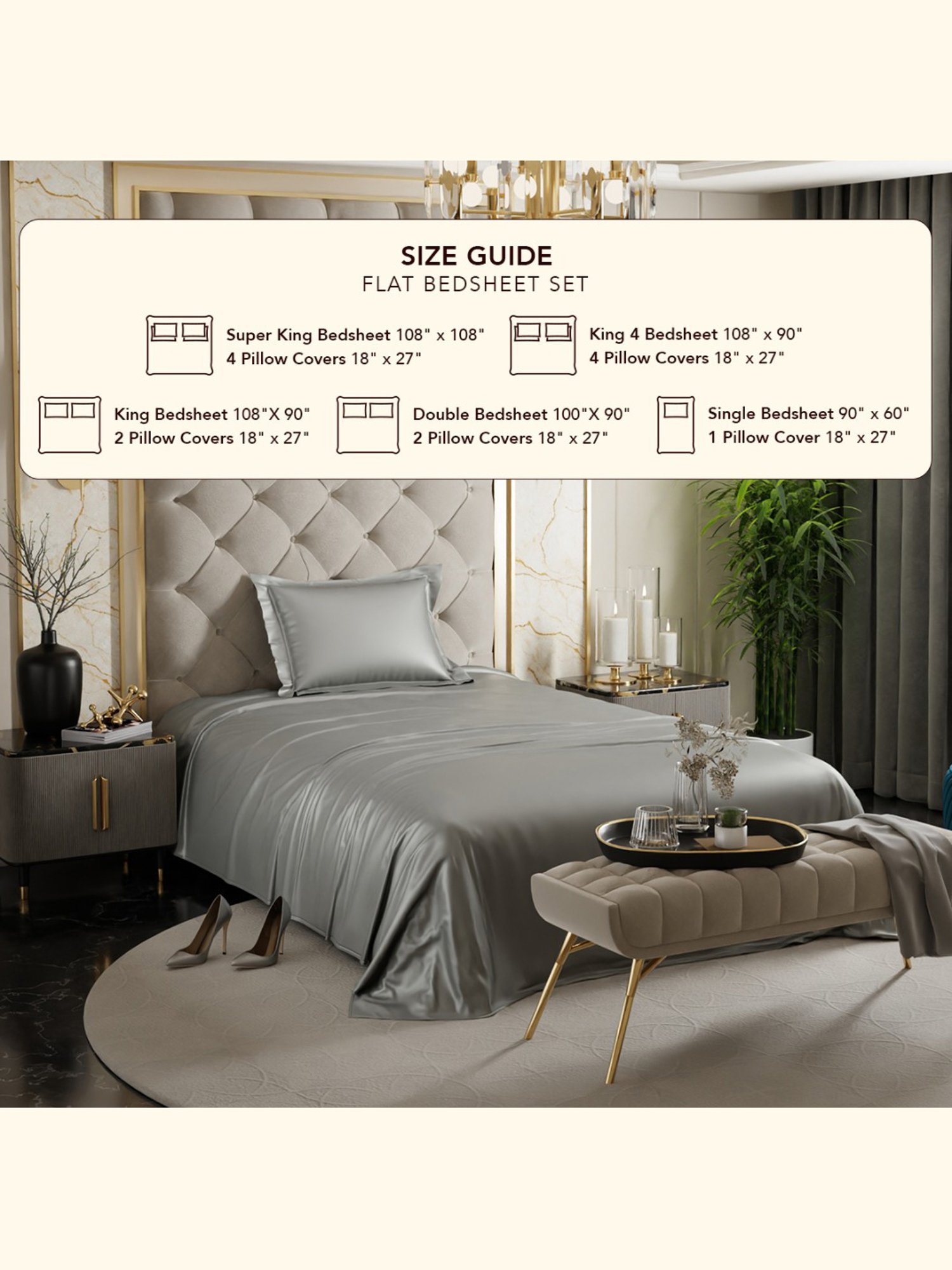 Stoa Paris Date Night Silver Polyester 300 TC Single Bedsheet with 1 Pillow Cover