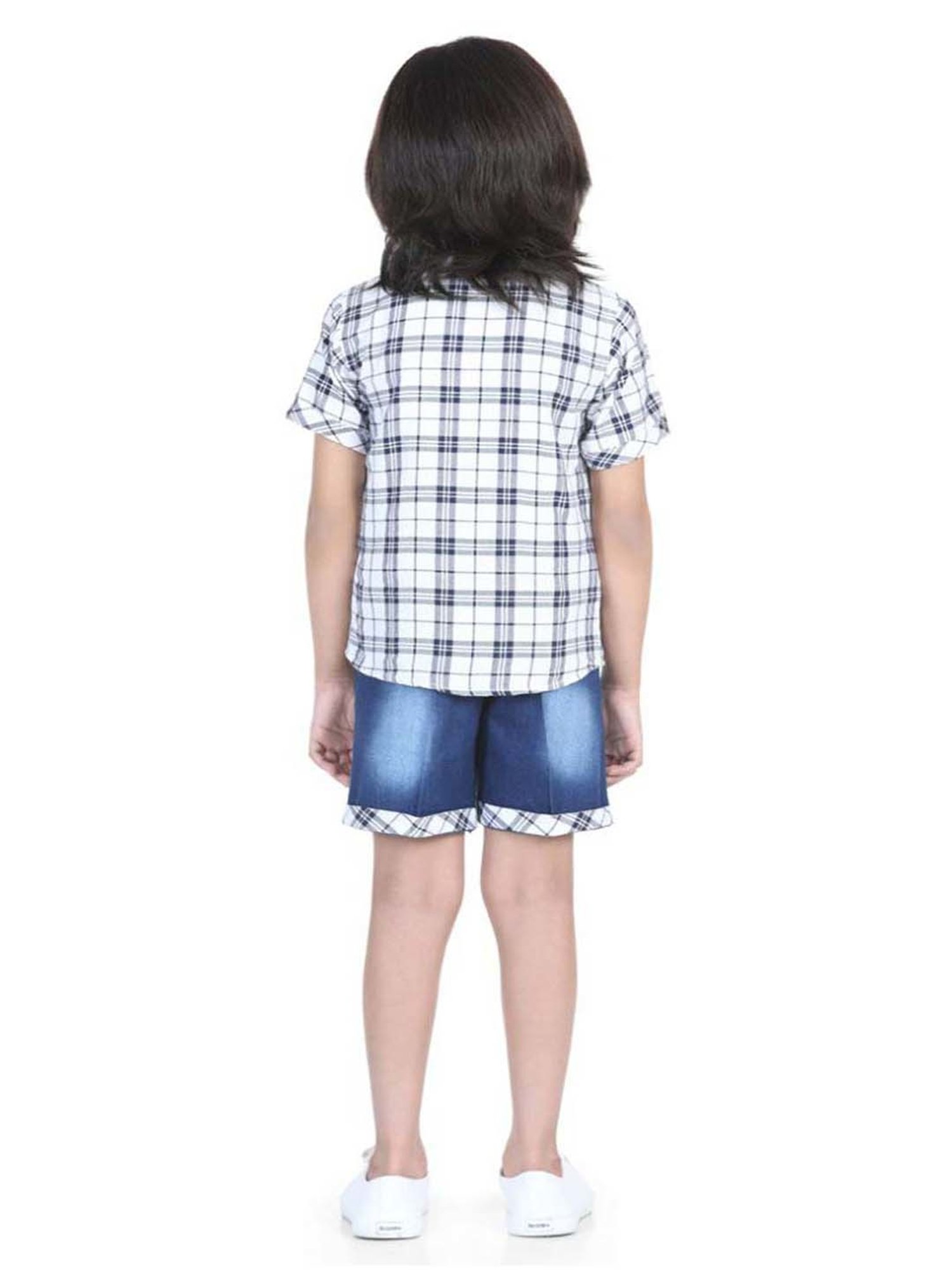AJ Dezines Kids White & Blue Chequered Shirt Set