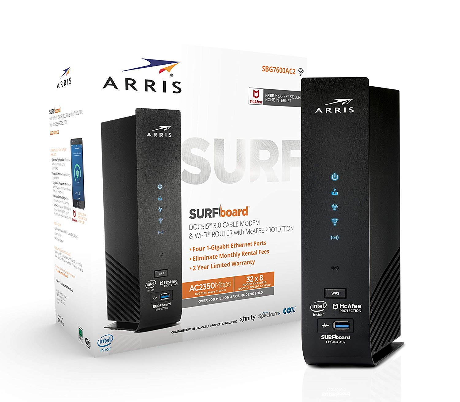 ARRIS SURFboard (32x8) DOCSIS 3.0 Cable Modem Plus AC2350 Dual Band Wi-Fi Router, 1 Gbps Max Speed, Certified for Comcast Xfinity, Spectrum, Cox & more (SBG7600AC2)