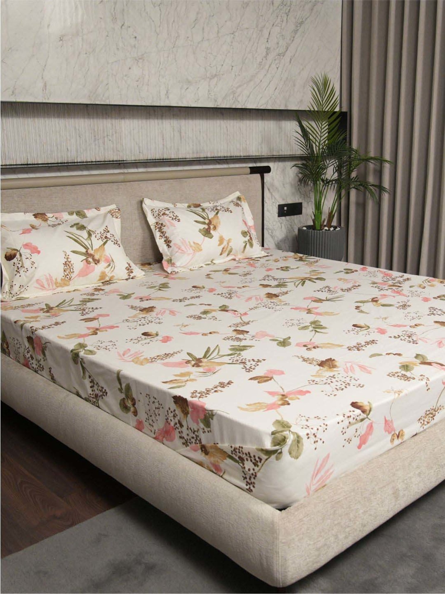 Urban Space White & Pink Cotton 200 TC Cherry Blossom Single Bedsheet with 1 Pillow Cover