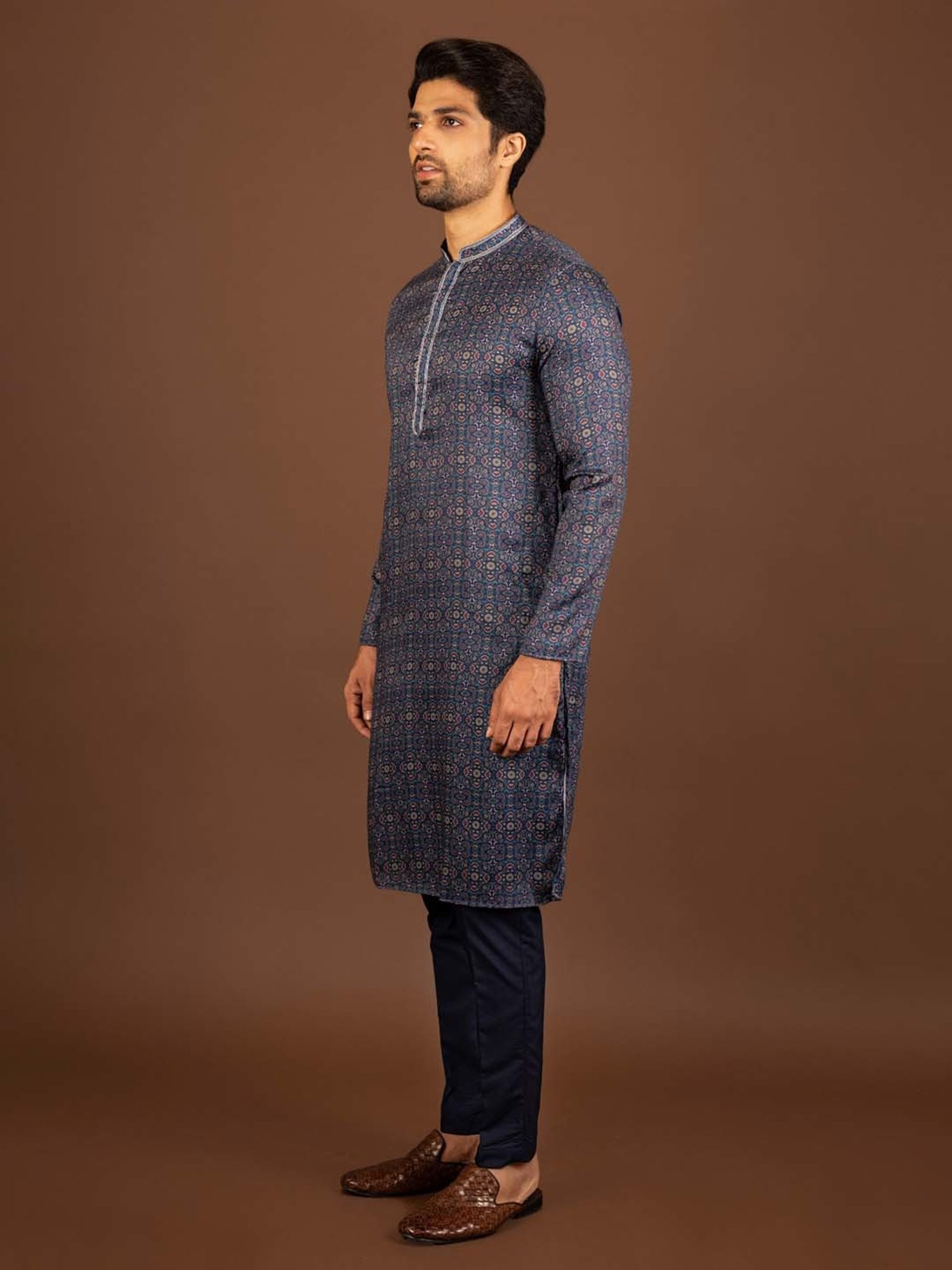 KISAH Navy Regular Fit Printed Kurta & Pants Set