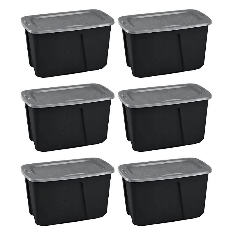 Homz 6630BKTS.06 32 Gallon Durable Molded Plastic Garage Garden Kitchen Bedroom Storage Bin with Lid, Black/Gray (6 Pack)