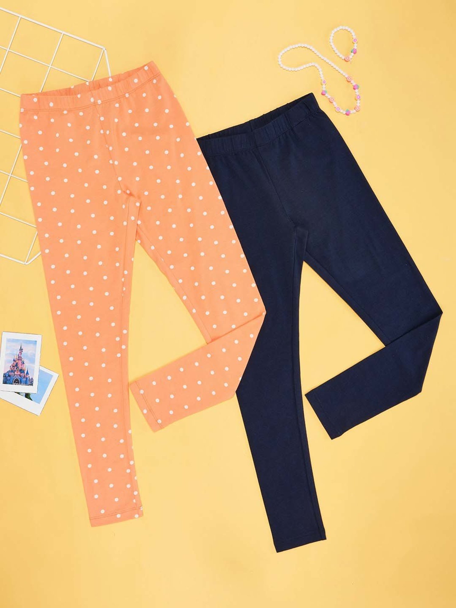YU by Pantaloons Girls Navy & Orange Cotton Printed Leggings (Pack of 2)