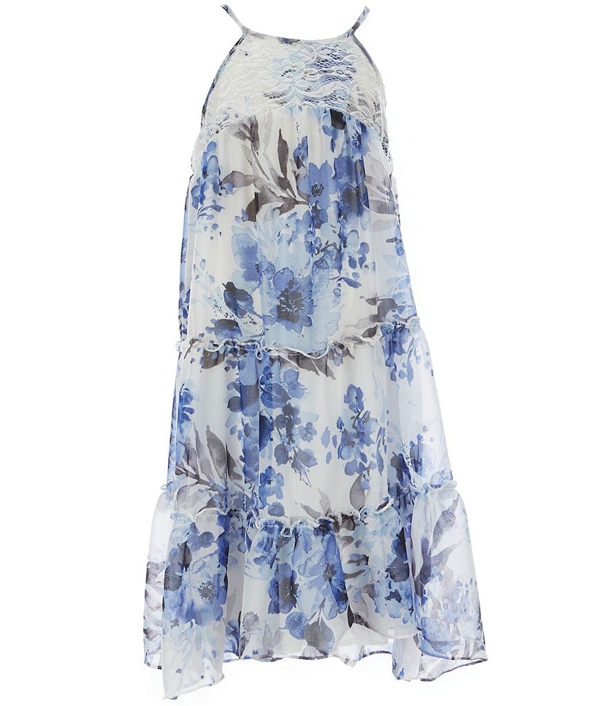 Ava & Yelly Big Girls 7-16 Illusion-Lace Tiered Watercolor-Floral Chiffon Midi Dress