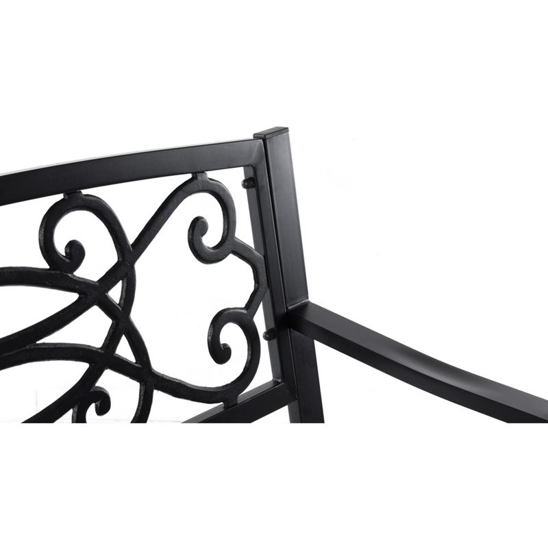 Gardenised Black Outdoor Steel Park Bench Cast Iron Scrollwork Backrest Garden Lawn Decor