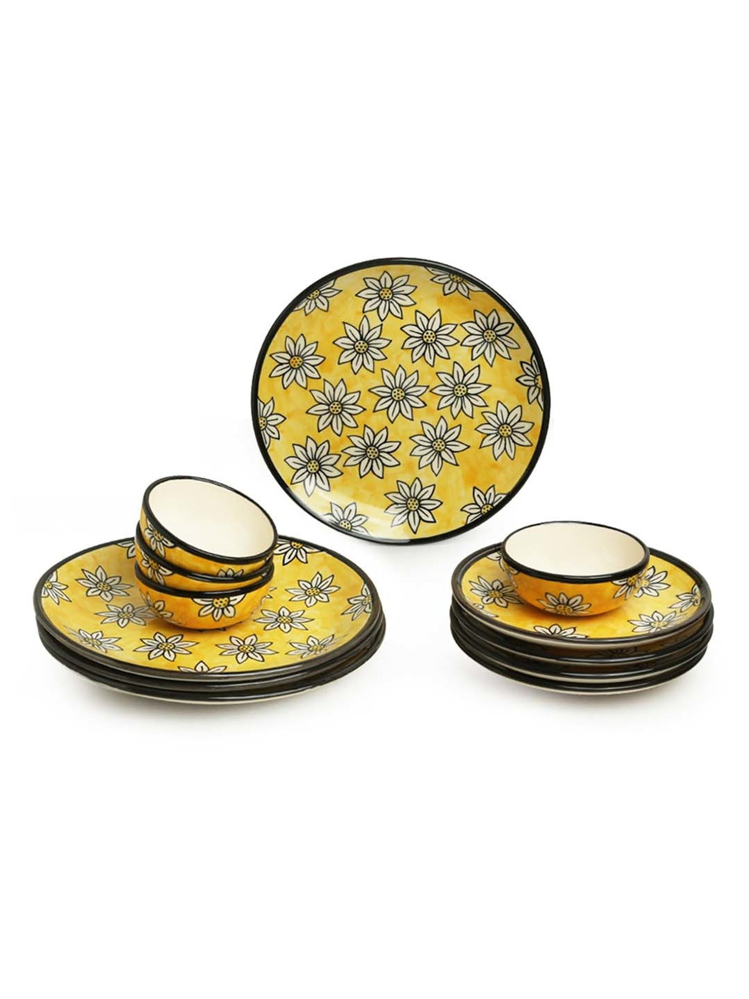 ExclusiveLane 'Californian Sunflowers' Yellow & White Ceramic Dinner Set