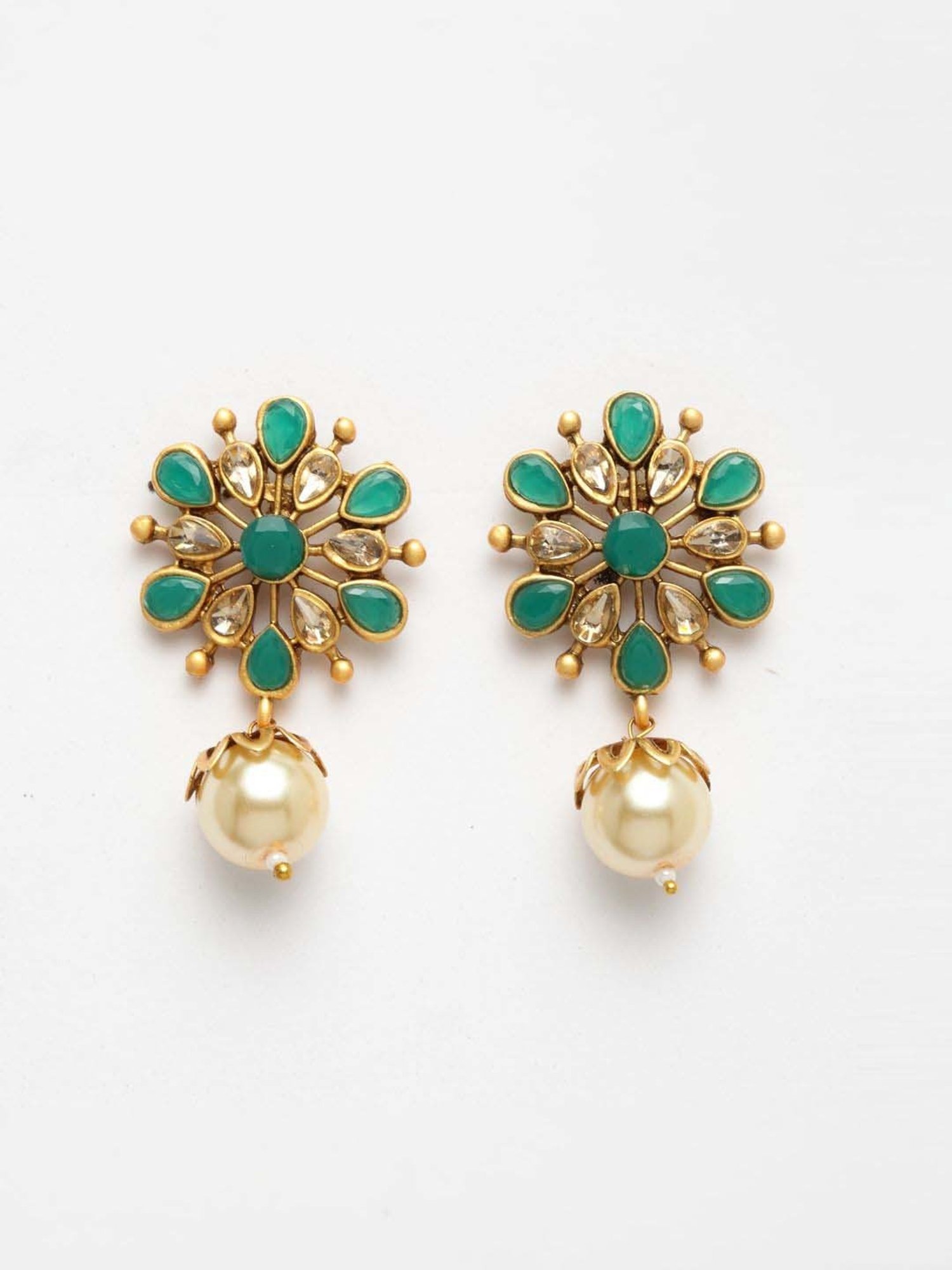 Panash Green Gold-Plated Floral Handcrafted Kundan Drop Earrings