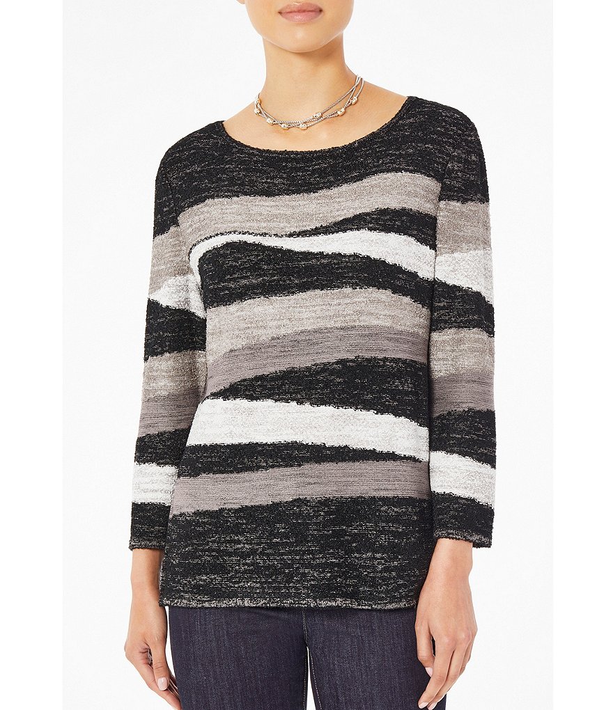 Ming Wang Abstract Stripe Long Sleeve Round Neck Melange Knit Tunic