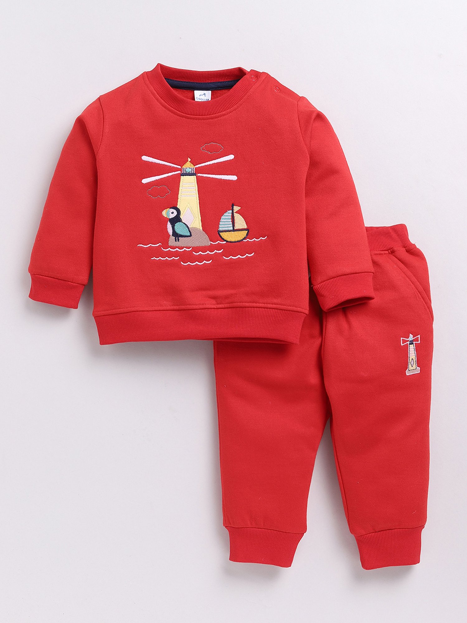 Dollar Kids Red Embroidered Full Sleeves T-Shirt with Joggers