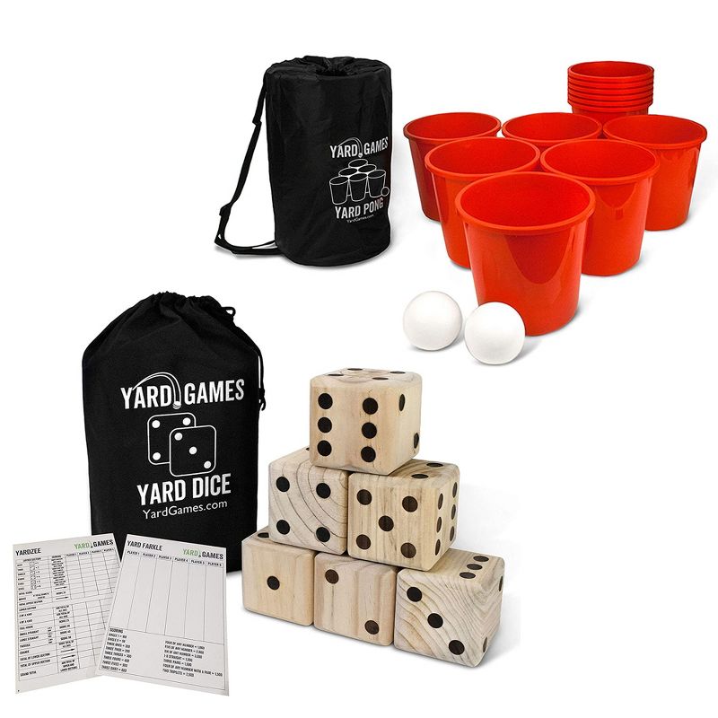 Yard Games Giant Outdoor Wooden Dice Set of 6 Bundle with Yard Pong Activity Party Set with 12 Buckets, 2 Balls, and Carrying Case