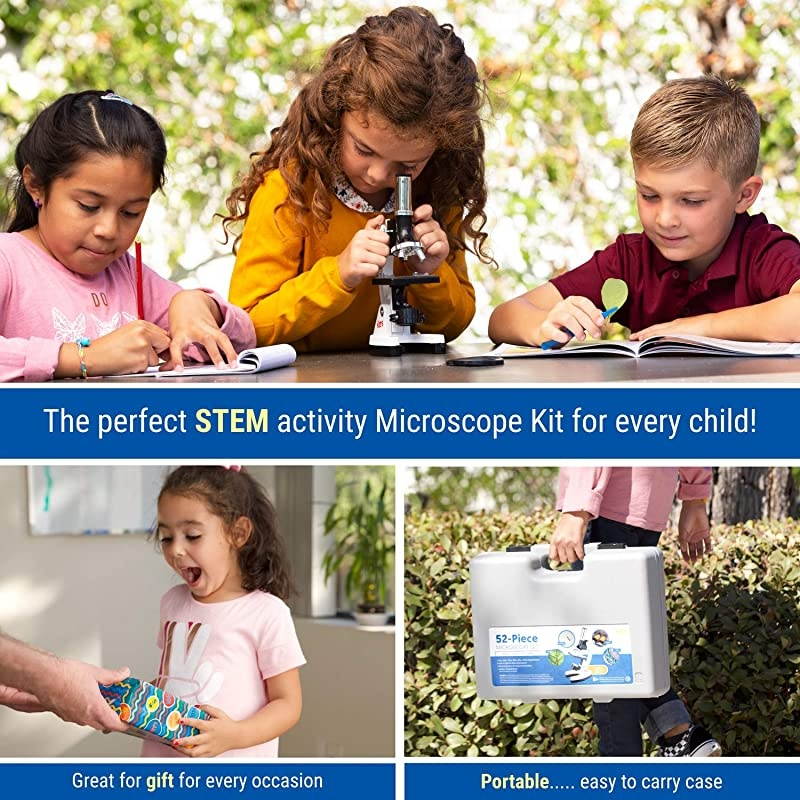 120X1200X 52pcs Kids Beginner Microscope STEM Kit with Metal Body Microscope Plastic Slides LED Light and Carrying Box M30ABSKT2WWhite